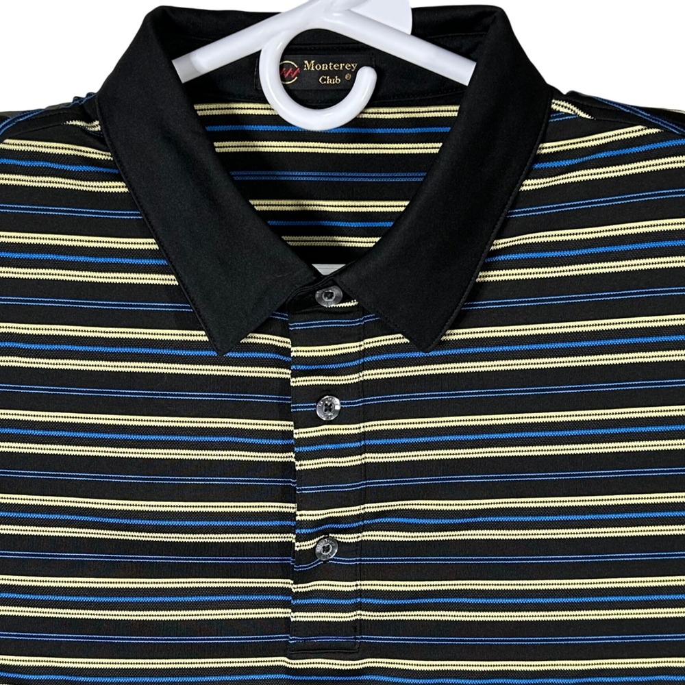 Monterey Club Men's Large Golf Polo Shirt Striped Short Sleeve Black Blue Yellow